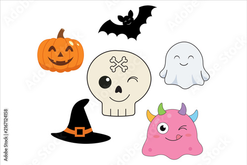 Cute Halloween Sticker Collection with Pumpkin, Skull, Ghost, Bat, Witch Hat and Monster