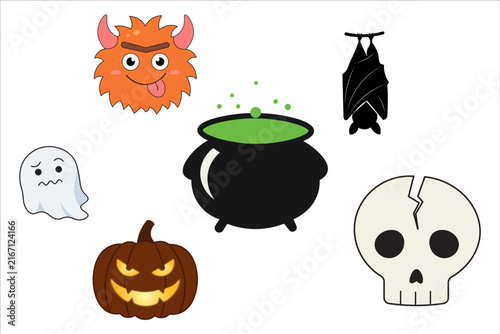 Cute Halloween Cartoon Sticker Set with Monster, Witch Cauldron, Bat and Ghost