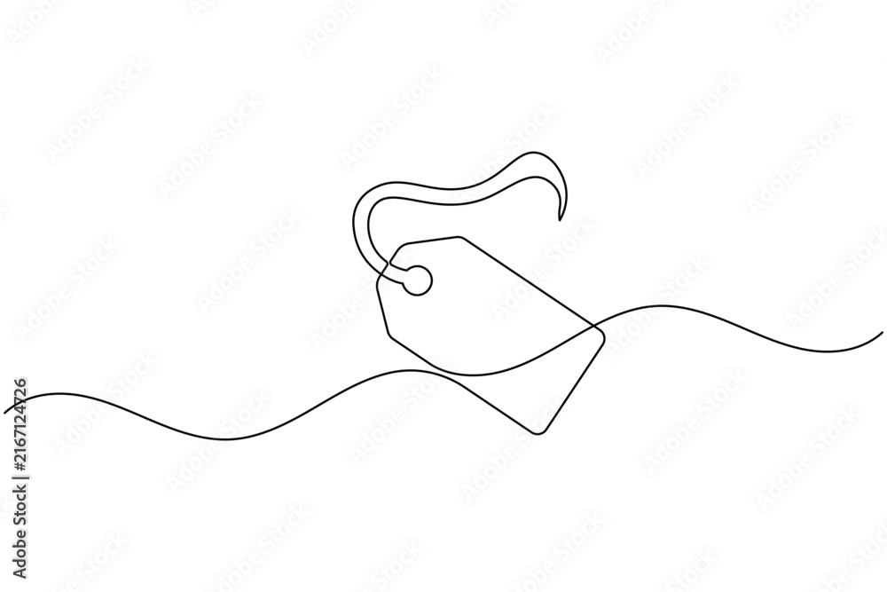 Fototapeta premium Hanging angled price tag one line art continuous line drawing isolated sale label minimalist black and white vector illustration