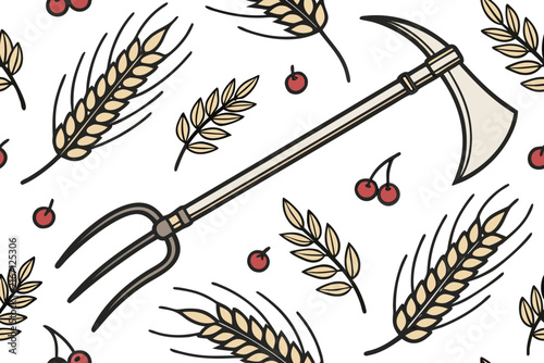 Seamless vector pattern illustration featuring rustic farm tools wheat stalks and small red berries on white isolated background surface design