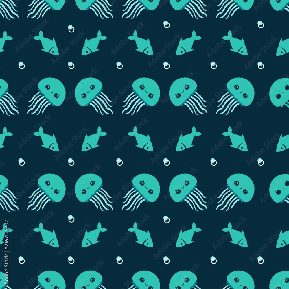Fototapeta premium Seamless jellyfish pattern on a dark underwater background with elegant marine life and aquatic texture. Ideal for fashion fabrics, textile design, wallpapers, clothing, swimwear, home decor