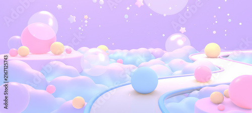 Canvas Print 3D render of pastel dreamscape with clouds and spheres.