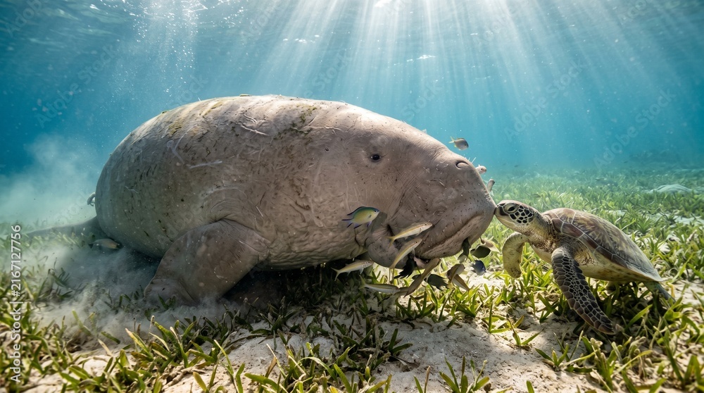 Fototapeta premium Dugong and sea turtle grazing on seagrass in sunlit ocean scene
