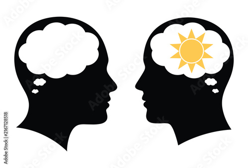 Obraz na plátne Positive vs Negative Thinking: Silhouette profile heads in opposite directions, showcasing contrasting thoughts