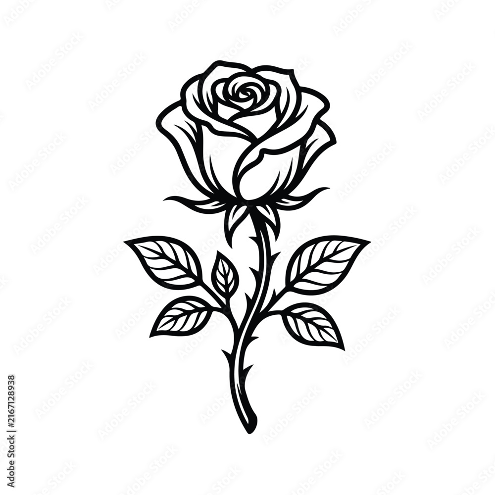 Fototapeta premium Black and white rose flower line art drawing illustration with stem and leaves isolated on white background