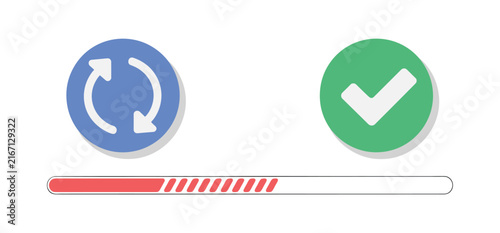 Foto Update Progress with Checkmark: A visual representation of an ongoing process nearing completion, indicated by a loading bar and a final confirmation icon