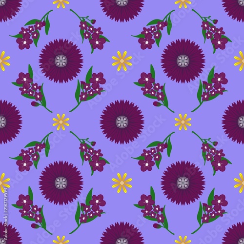 seamless floral pattern Whimsical floral seamless pattern featuring burgundy dahlia flowers and violet clusters on a lavender background
