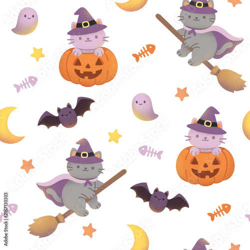 Cute Halloween PNG seamless pattern with witch cats, pumpkins, ghosts, bats, crescent moons and stars on a transparent background