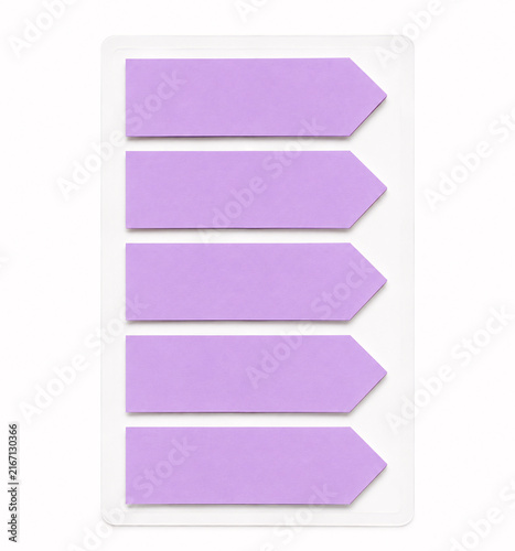 Set of five pastel purple arrow shaped sticky notes on white background