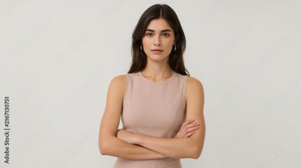 Obraz premium Woman standing with crossed arms in sleeveless beige top