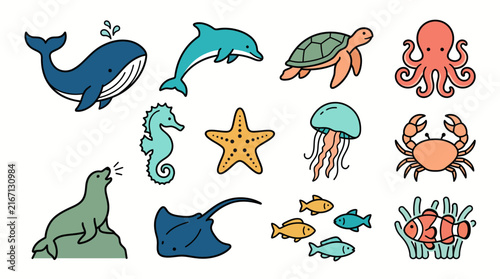 Photography Ocean Animals Colorful Vector Illustration Set