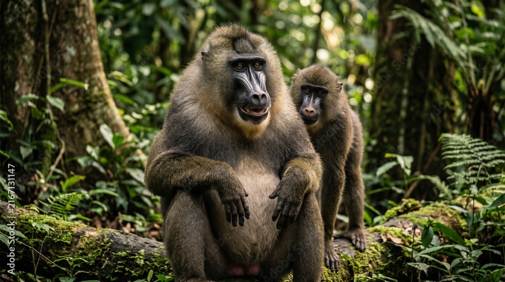 Fototapeta premium Mandrill and baby in lush tropical forest habitat