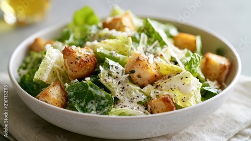Close-up of delicious Caesar salad in bowl on bright background