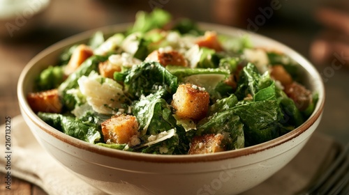 Close-up of delicious Caesar salad in bowl on bright background