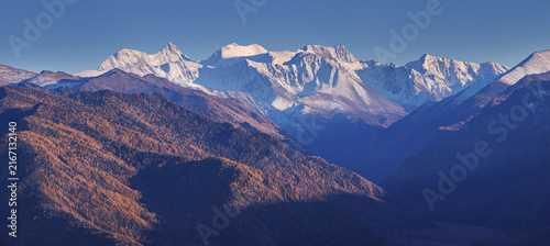 Belukha Mountain is the highest point of Altai, panoramic view of snow-capped peaks, climbing and traveling