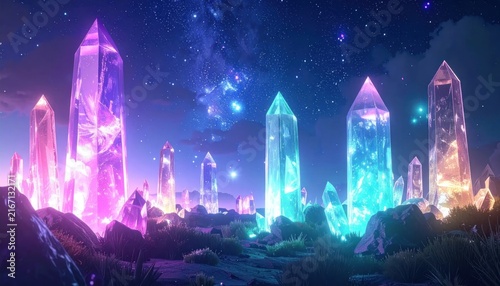 Glowing crystal formations in fantasy landscape.