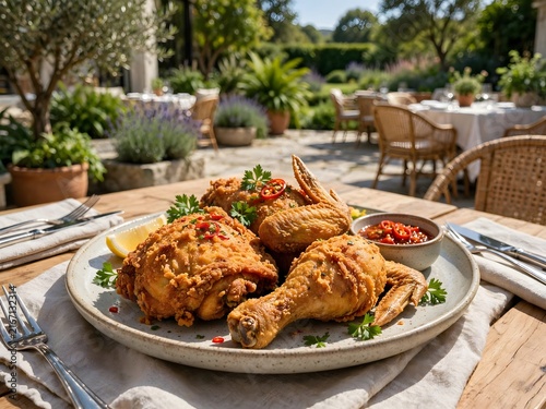 Crispy golden fried chicken served on a rustic wooden table in a sunny outdoor restaurant terrace