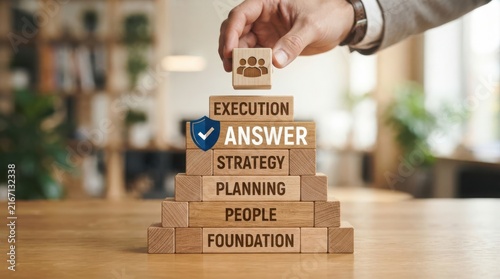 Wooden blocks with business success steps and light bulb idea