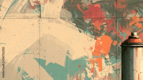 Spray paint can on wall, graffiti symbols, empty space