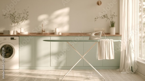 Modern laundry room interior, ironing board and steamer present