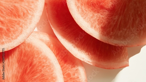 Summer fruit slices, red and juicy, on a clean white surface.