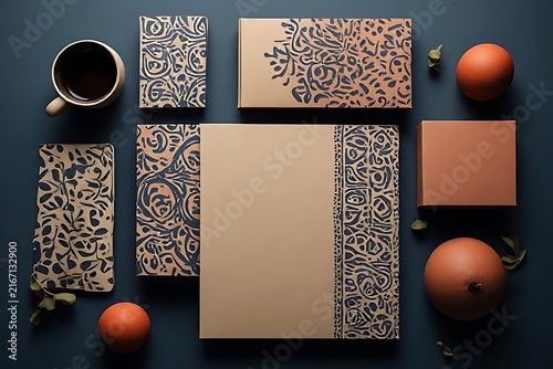 IA generated Indian Ajrakh block print paper packaging mockup. Earthy artisanal branding template with textured recycled surface.
