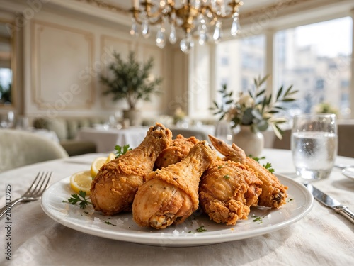 Crispy Golden Fried Chicken Platter Served on a Refined Fine Dining Table Setting in an Elegant Restaurant Interior