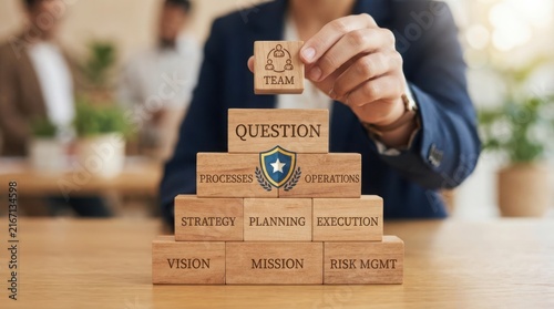 Wooden blocks with leadership and strategy words stacked on table