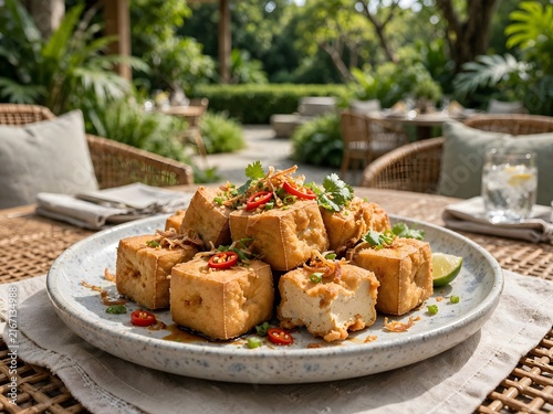 Delicious Fried Tofu Cubes with Fresh Chili and Herbs Served on a Plate in a Sunny Garden Setting
