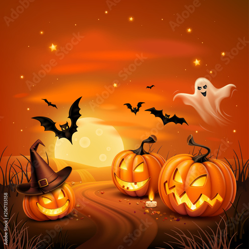 Halloween banner with tradition symbols. Pumpkins and bats on dark Moon background, illustration.