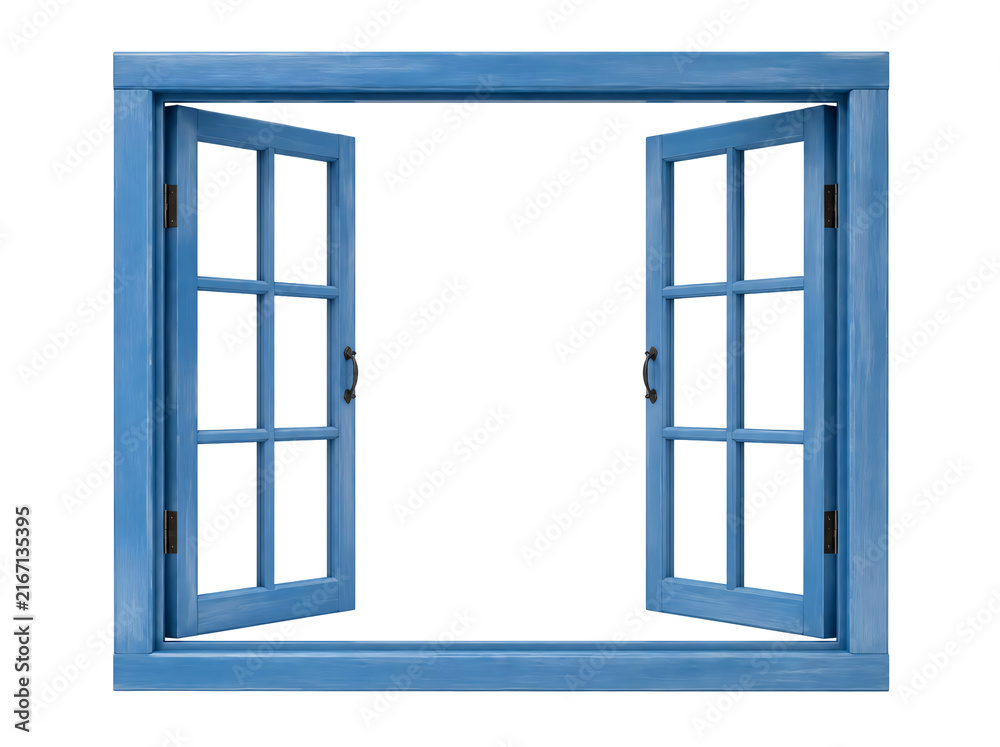 Fototapeta premium Blue wooden window frame isolated on transparent background