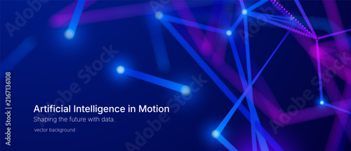 Abstract AI research background with glowing connected blue and purple nodes and polygonal network. Futuristic data science, neural technology and digital communication concept.