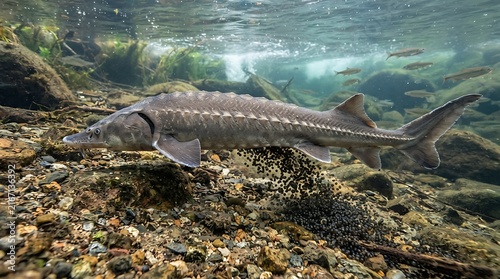 Female sturgeon spawning underwater