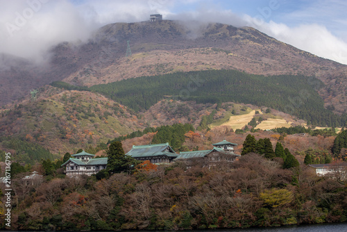 Traditional Ryuguden hotel by Lake Ashi and Mount Komagatake in Hakone, Japan