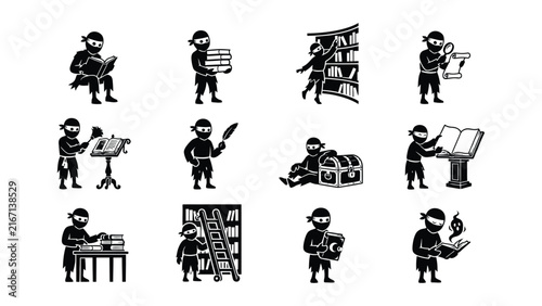 Ninja Characters Engaged In Various Scholarly And Secretive Activities Icons Set