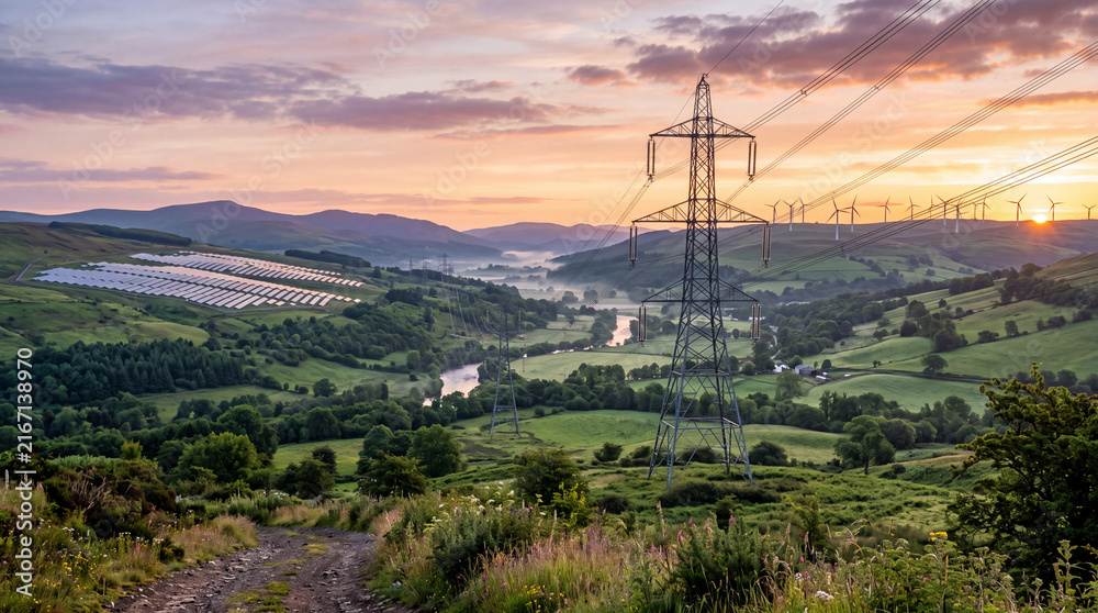 Obraz premium High Voltage Power Lines Solar Wind Dawn