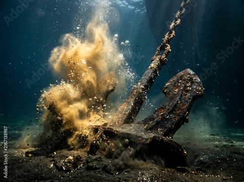 Large rusty ship anchor hitting the sandy ocean floor
