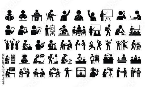 Education and school stick figure icons set. Learning, studying, and classroom activities