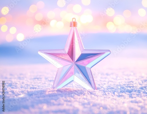 Iridescent glass star on snow with purple bokeh.
