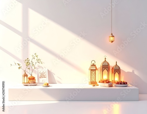 Lanterns and dates on white pedestal with shadows.