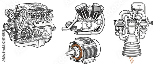 Editable CAD Vector Illustration of Various Engine Types