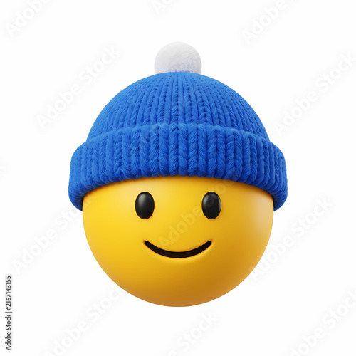 A round yellow sphere character showing a happy facial expression while wearing a soft blue knitted winter cap with a white pompom topper for celebrating the joyful holiday season and cold