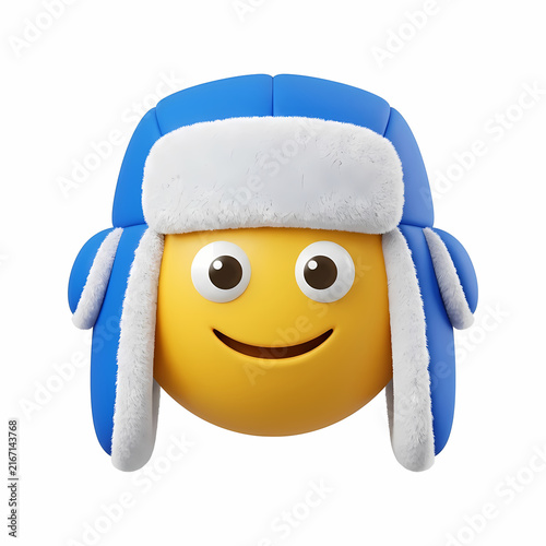 A cheerful yellow character wearing a warm blue winter hat with furry earflaps to stay comfortable during cold weather conditions while maintaining a friendly expression for festive holiday