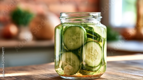 Glass jar holds sliced cucumbers in clear brine