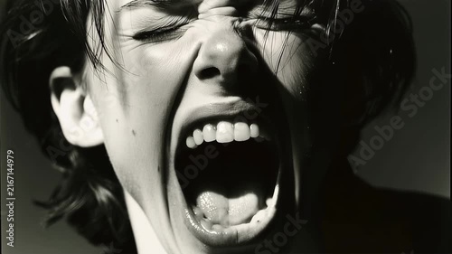 Intense black and white portrait of screaming young man expressing rage, frustration, emotional pain and mental stress with dramatic low key lighting and close up composition