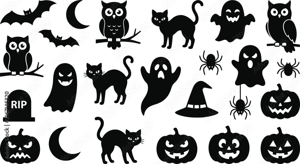 Obraz premium Set of black silhouette icons for halloween featuring pumpkins cats ghosts owls bats spiders and moons on white