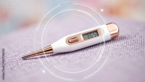 Digital Thermometer Showing High Body Temperature Measurement On Soft Fabric