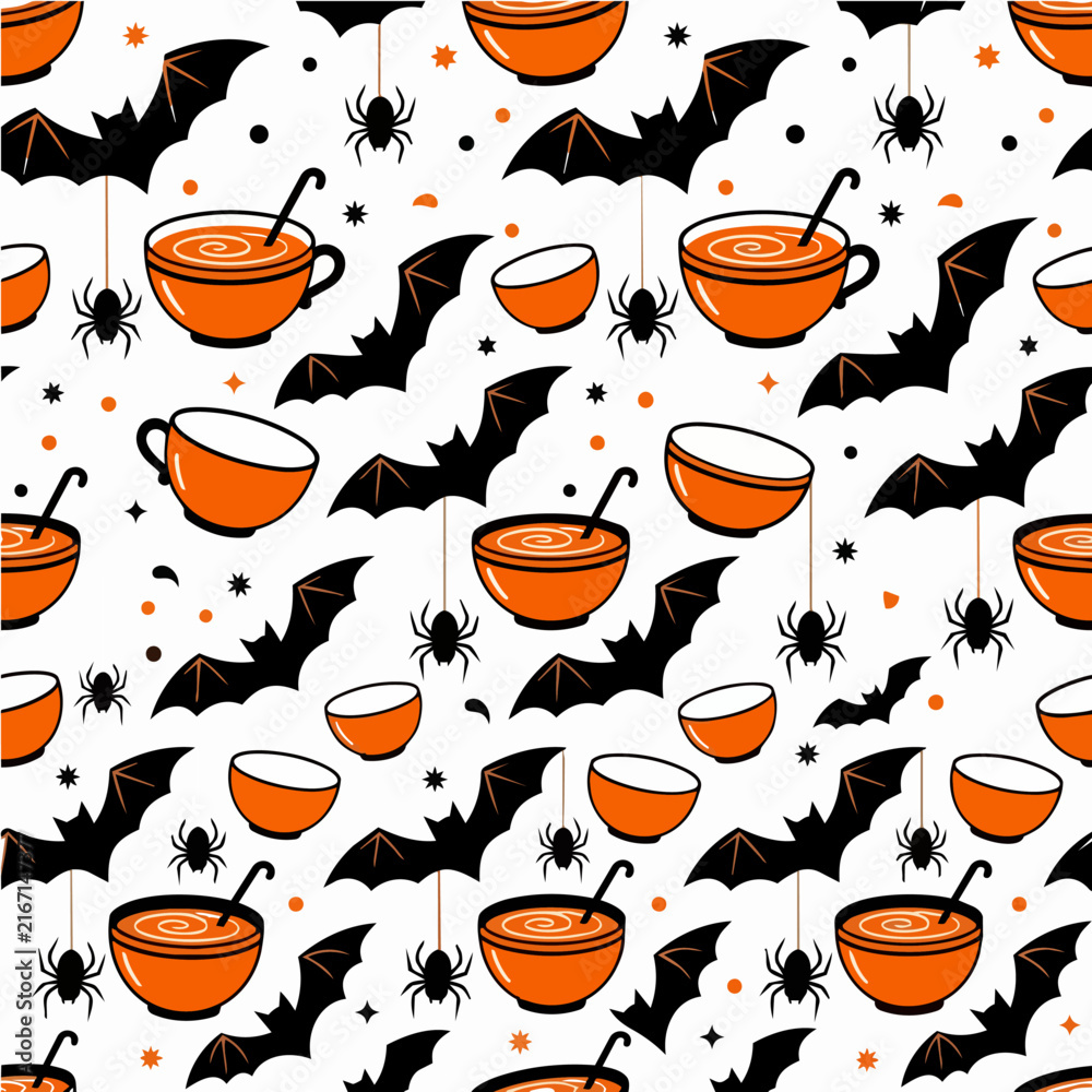 Obraz premium Halloween Seamless Pattern with Bats and Orange Bowls for Festive Holiday Design Projects