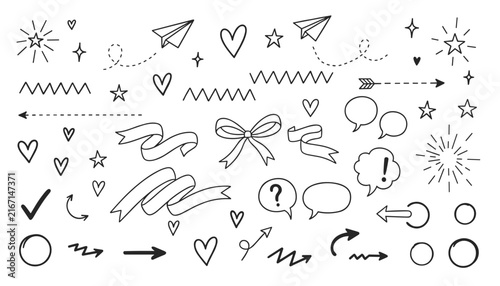 Collection of cute hand drawn vector doodles containing hearts stars arrows speech bubbles and ribbons.