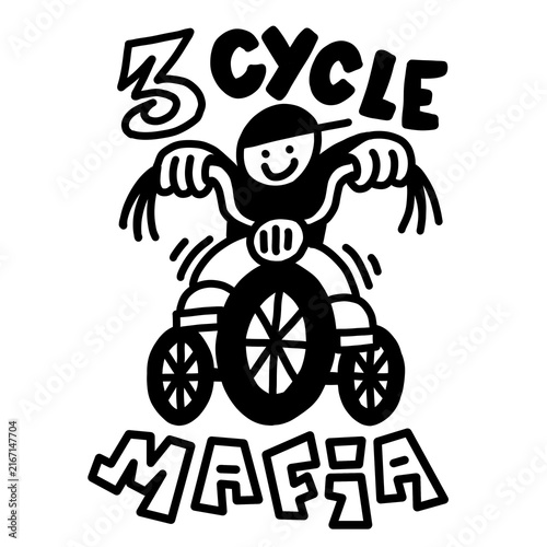 Bild auf Leinwand Smiling rider on tricycle, BICYCLE MANIA text, bold edgy cartoon line art